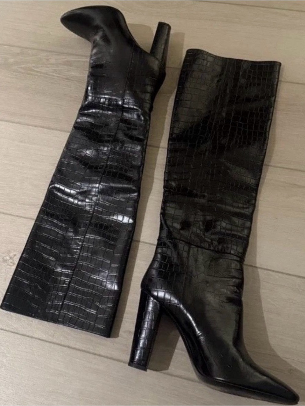 Longchamp Leather Black Croc-Embossed Knee High Heeled Boots